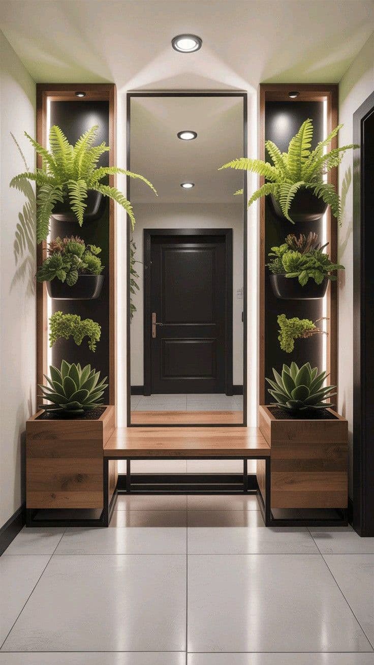 Welcoming entryway with curated lighting and botanical accents