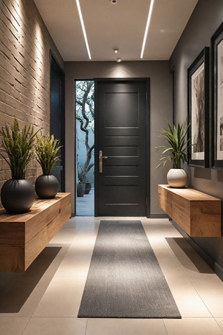 Minimal entrance hall with a bold black door and clean wood benches