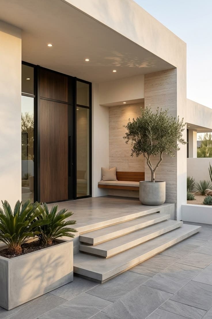Small front porch styled with a minimalist entry design
