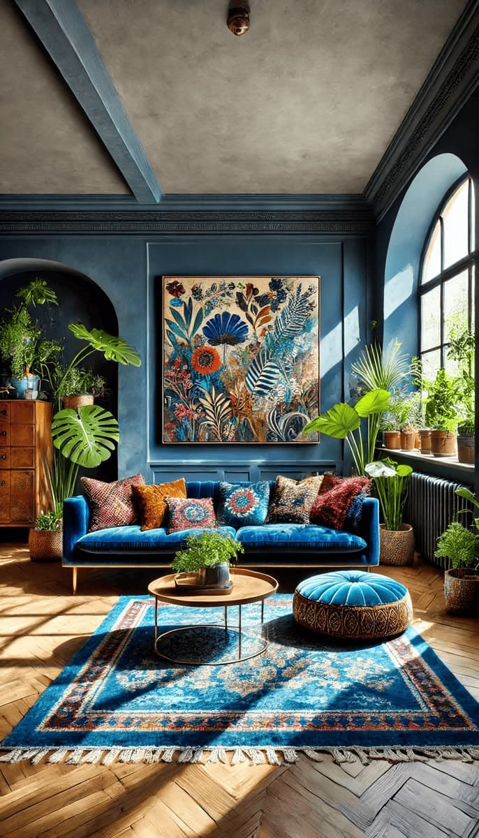 Blue boho living room with layered textiles and rattan accents