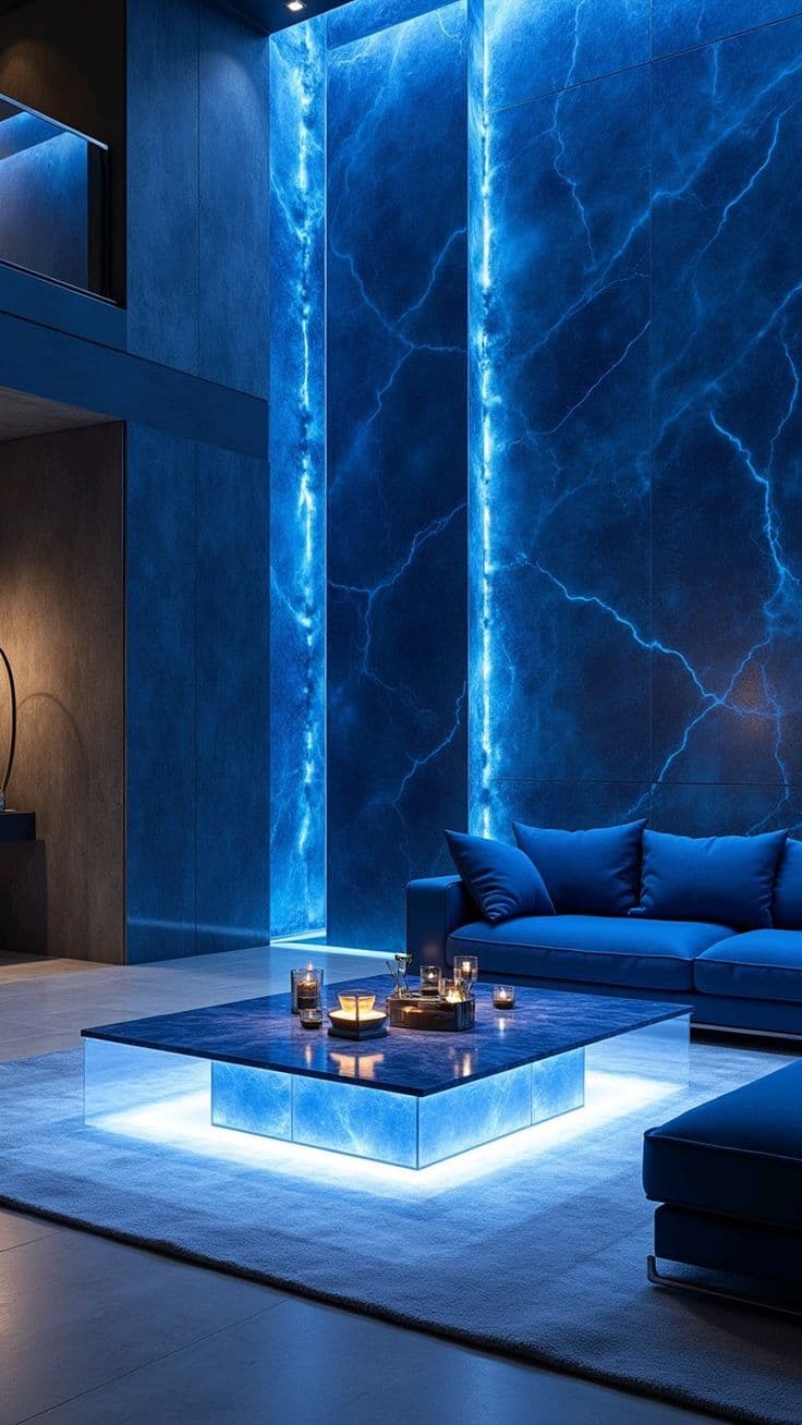 Blue-toned interior with a serene editorial feel