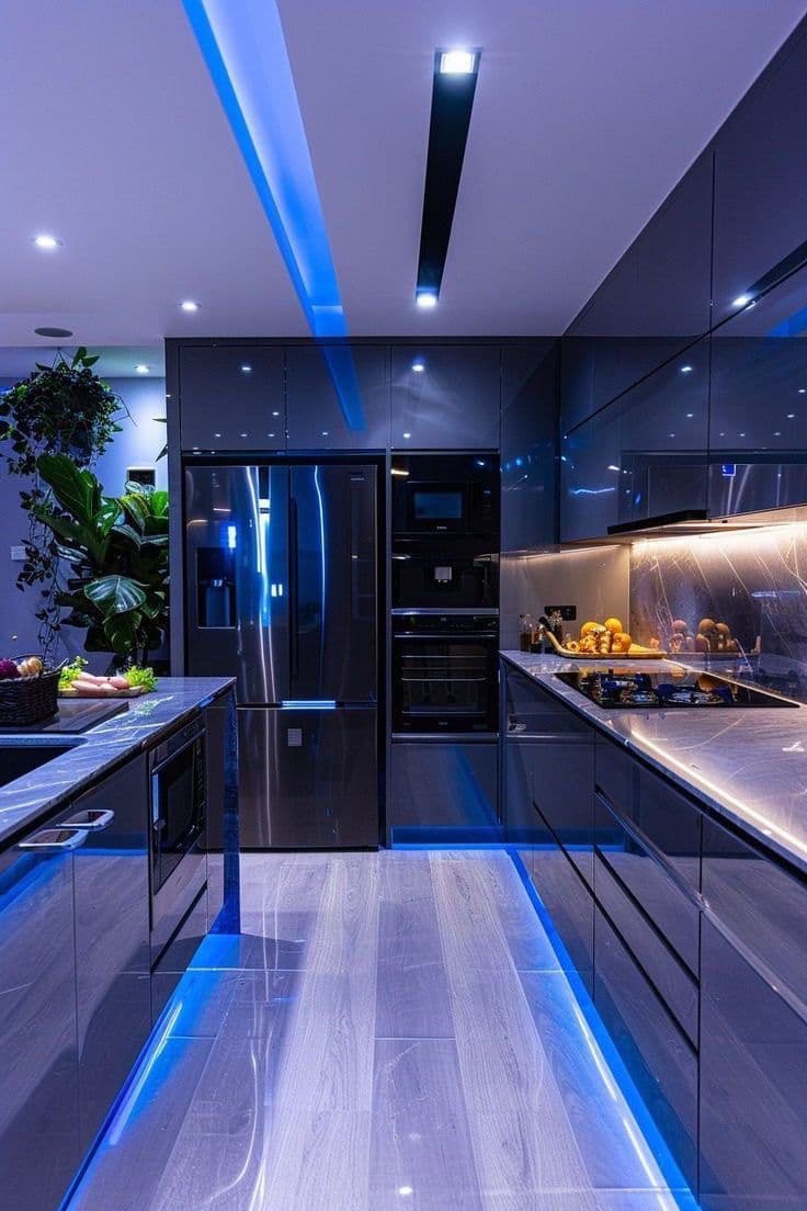 Kitchen with blue and purple colour pairing — bold and modern