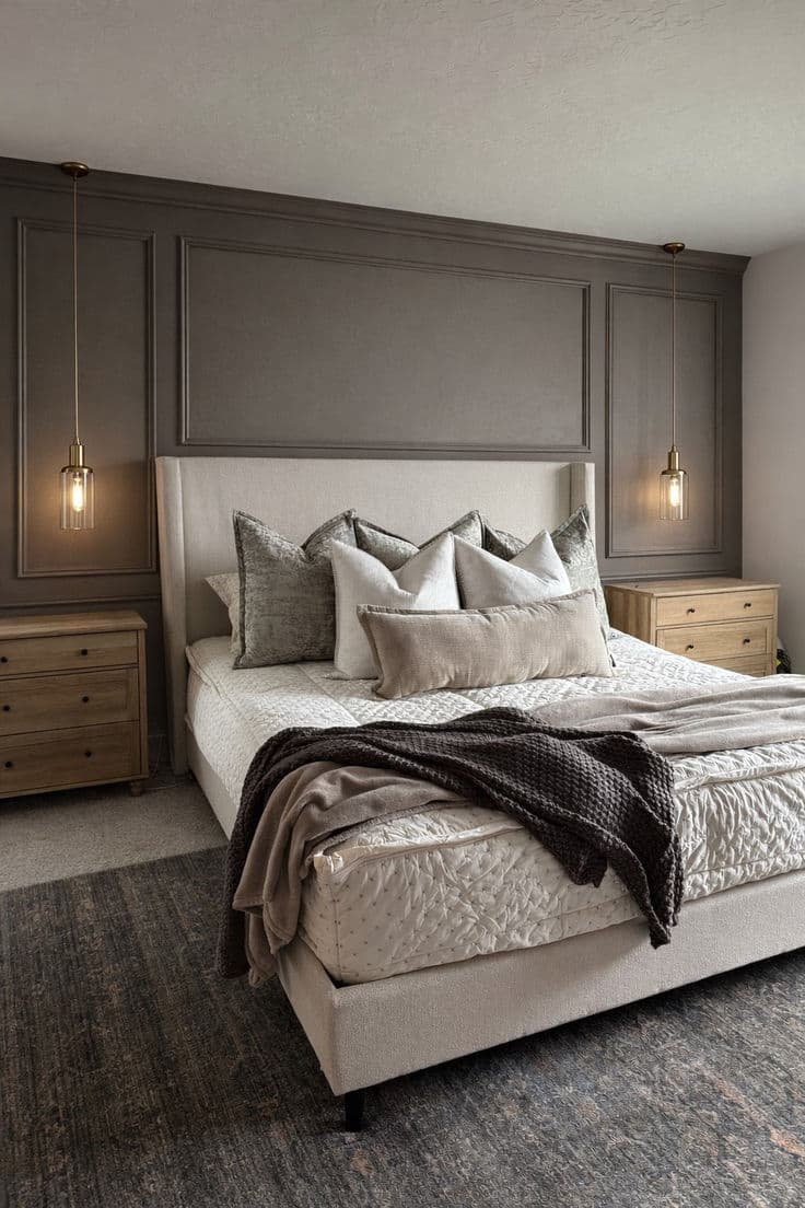 Moody primary bedroom suite with layered dark tones