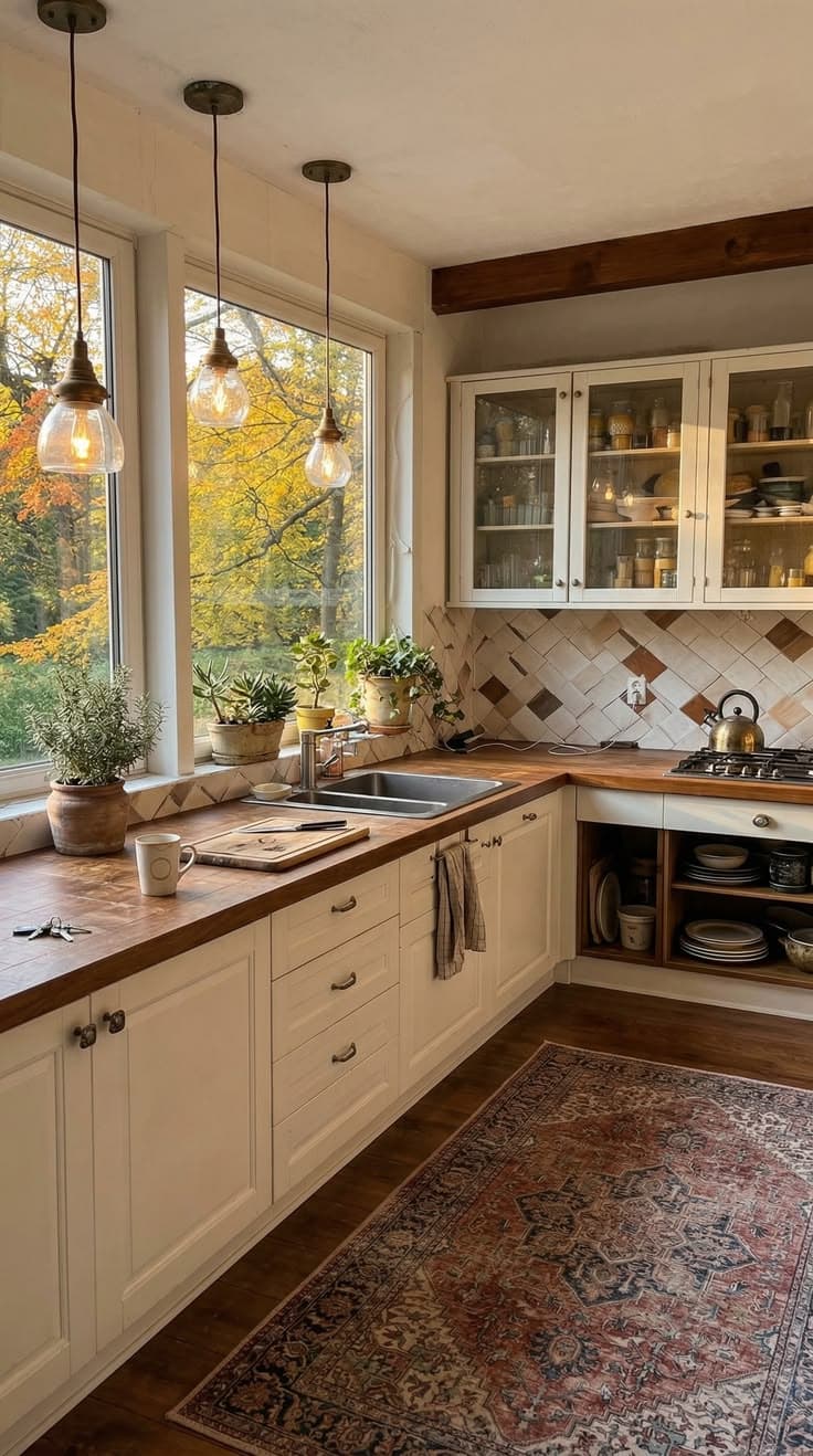 Warm golden hour farmhouse kitchen with cosy rustic details