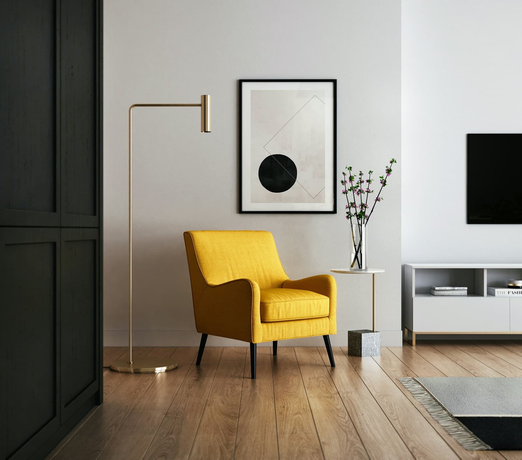 Quiet luxury living — Linen slipcovers, travertine side tables, and matte brass