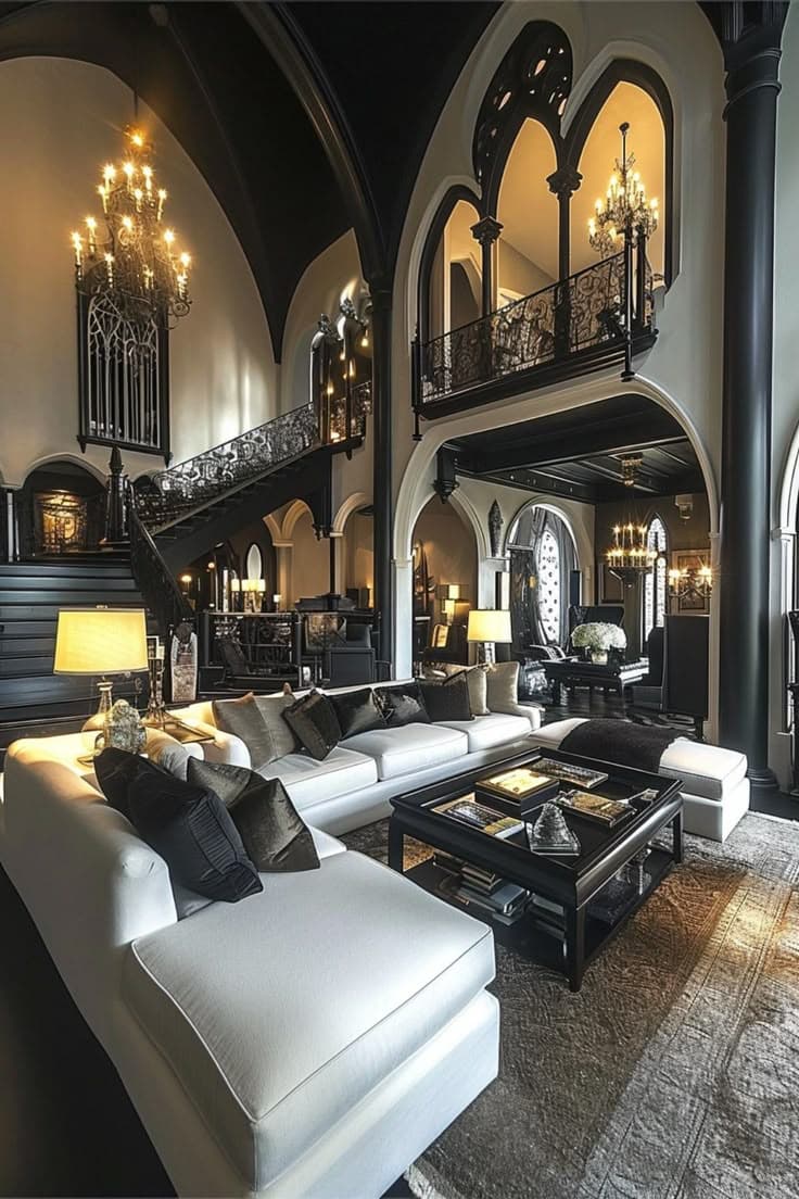 Luxurious living room with dramatic dark tones and contemporary furnishings