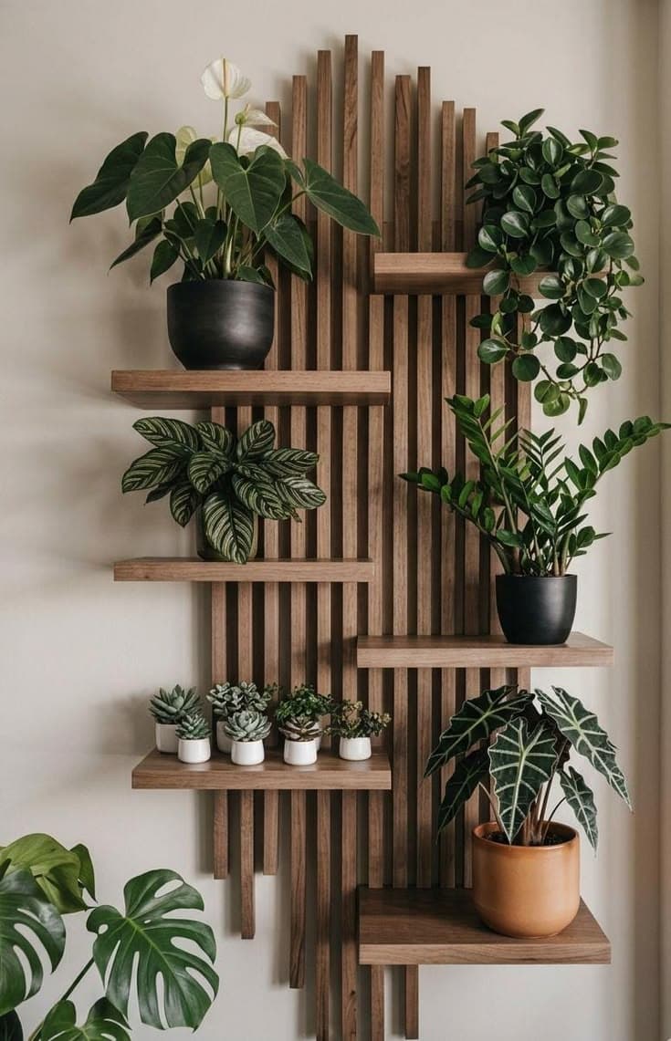 Wavy slat wood shelf for plants and mid-century wall art display