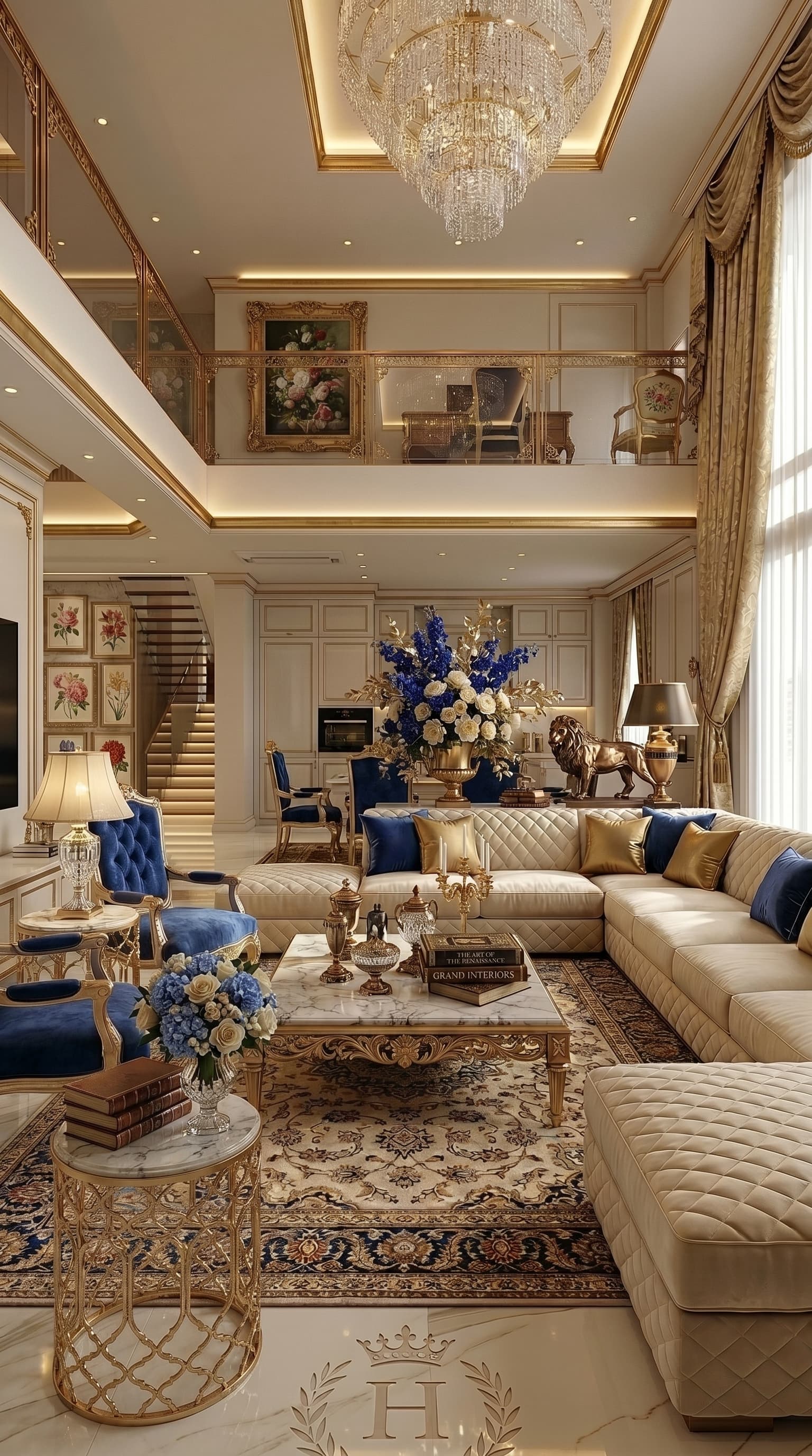 Elegant royal blue and gold luxury living room with chandelier, marble décor, and modern classic interior design