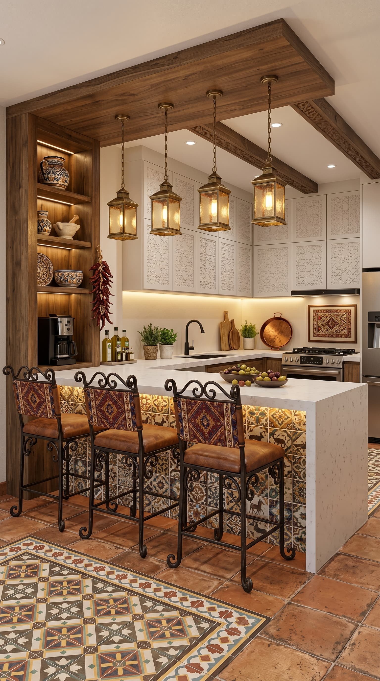 Elegant Spanish-style kitchen interior featuring rustic wooden beams, handcrafted patterned tiles, decorative island seating, hanging lantern pendant lights, warm ambient lighting